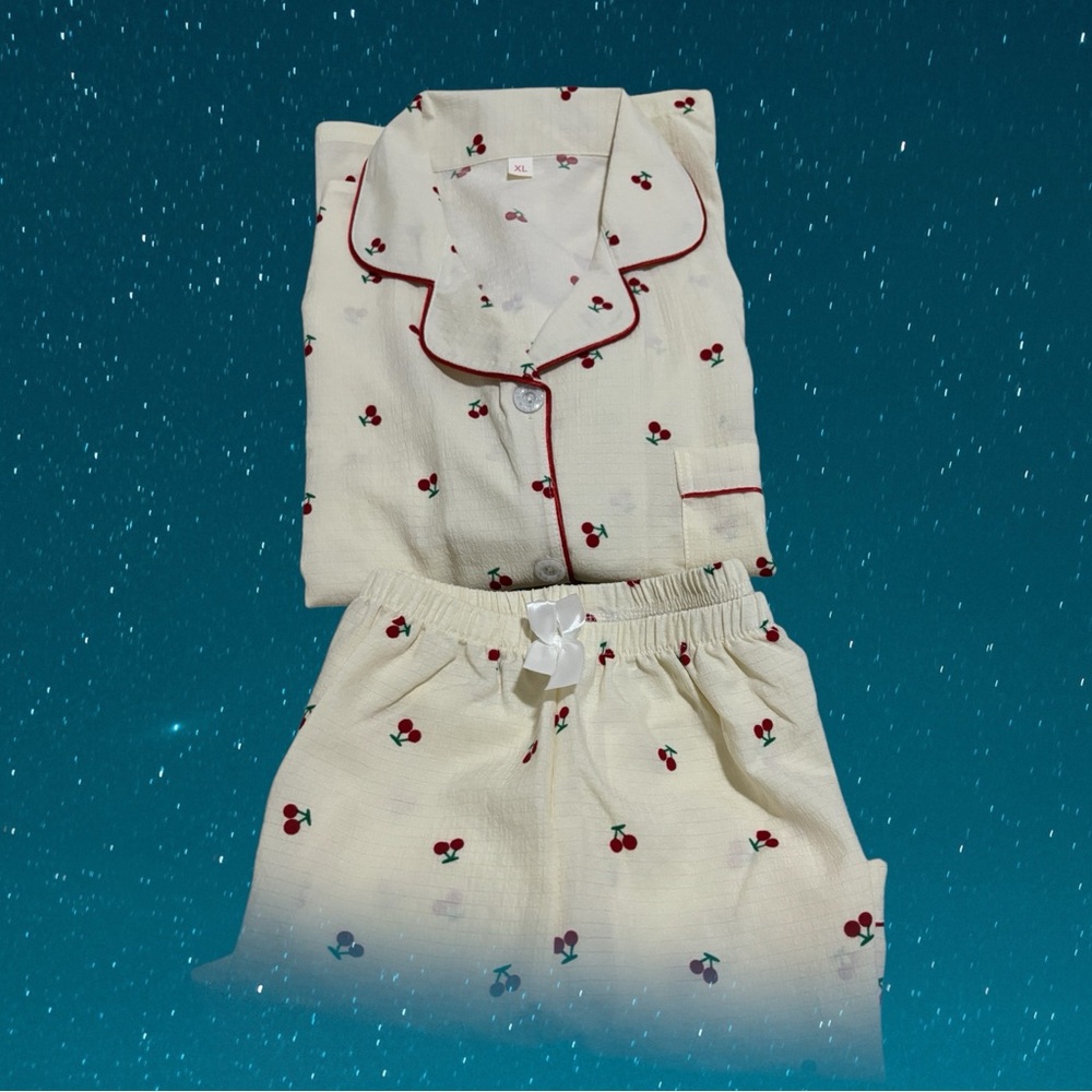 Pajama Set with Red Cherry Pattern and Red Piping W Size XL Cream/Red/Green - Picture 11 of 12